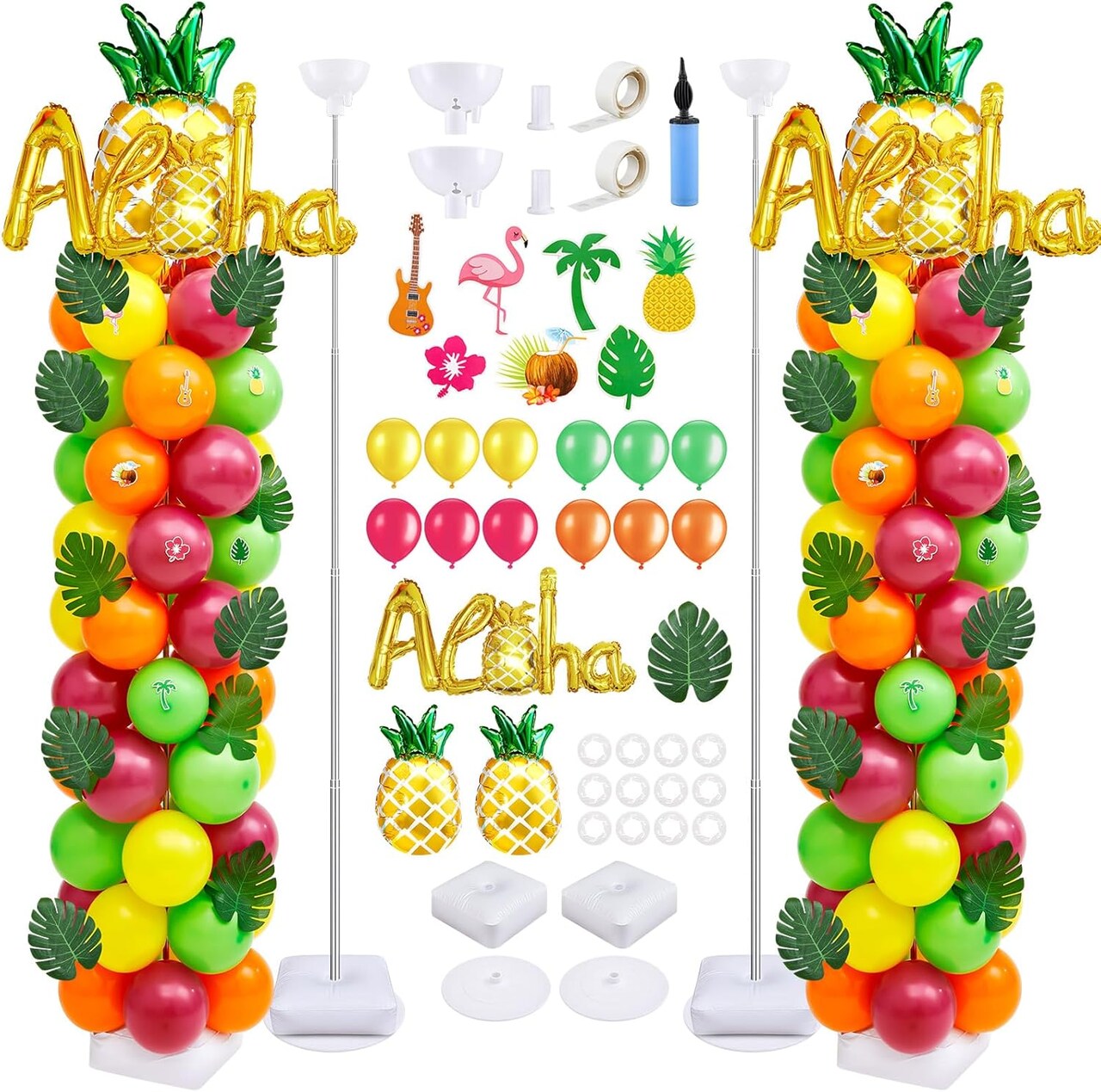 2 Set Pineapple Aloha Balloon Column Stand Kit (Yellow, Light Green, Rose Red, Orange, Green, Pastel Shades) 30 inches, 10 inches